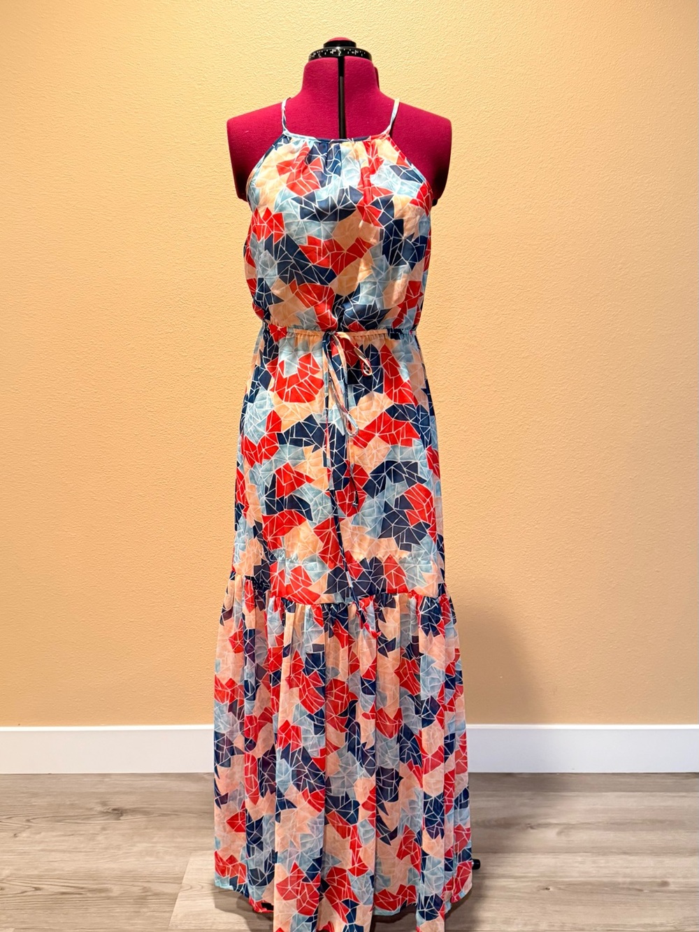 BCBG Multicolor Halter Maxi Dress in Red, Blue & Cream